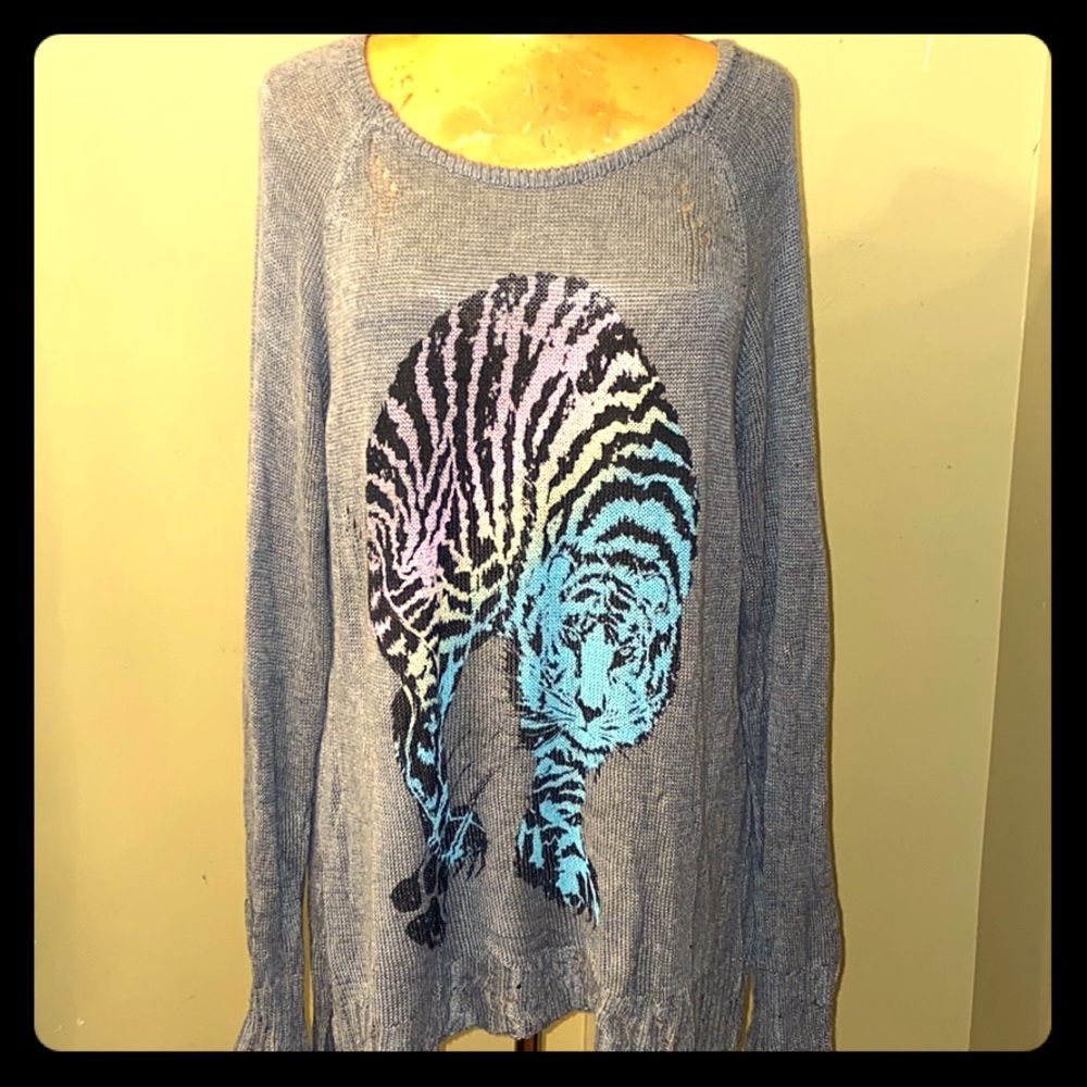 Lauren Moshi TIGER Gray Knit Pullover Sweater Sz L
